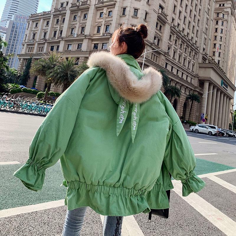 Winter Ruffled Thickened Women's Cotton-padded Jacket Mid-length Fur Collar Hooded Cute Rabbit Ears Cotton-padded Jacket Fashion Warmth Parka Coat