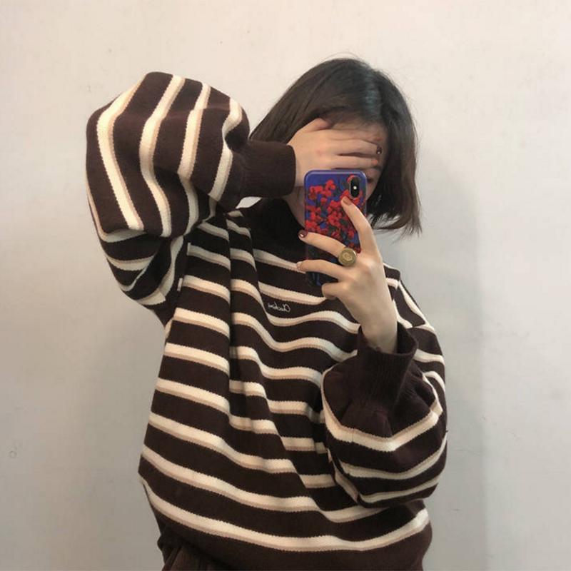 Striped knit jacket coat Thick color-matching turtleneck female student lazy wind loose pullover