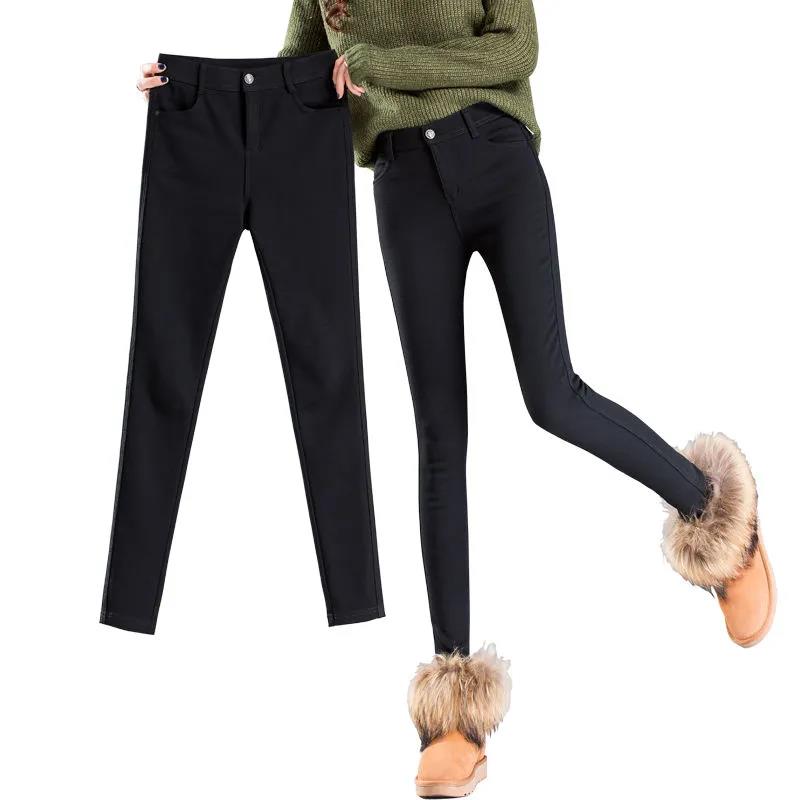 Plus Fleece Leggings Women's Plus Size Outer Wear Autumn and Winter High Waist Thin Black Pants Pencil Feet Solid Color Warm Pants