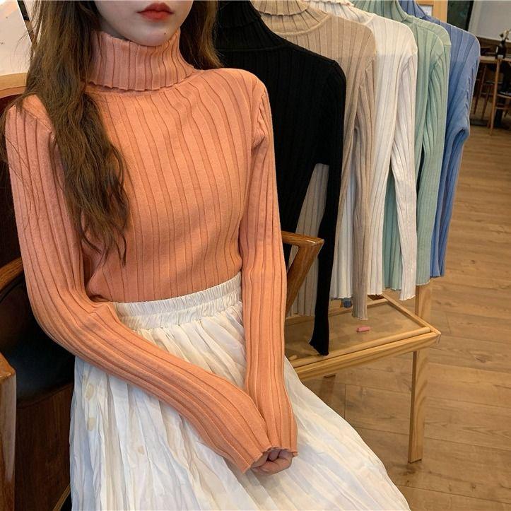 Pofulove Colorful Thick Knit Sweater Women's Pullover Long-sleeved Sweater Bottoming Shirt Wild Tops
