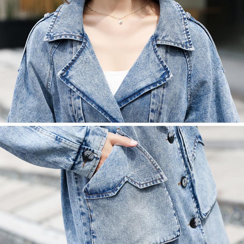 Long Denim Windbreaker Jacket Female Temperament Slim A-line Version Long-sleeved Warm Jacket Casual Plus Size Clothing