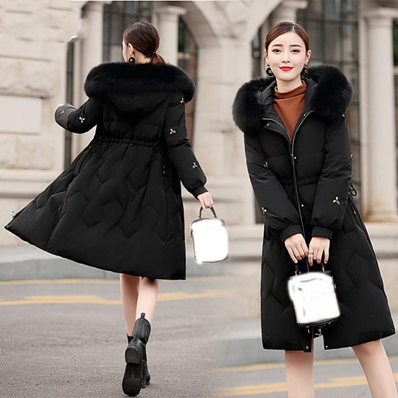 Women's Solid Color Embroidered Down Jacket Mid-length Korean Style Loose Thick Coat Warm Cotton Coat Large Fur Collar Winter Quilted Jacket