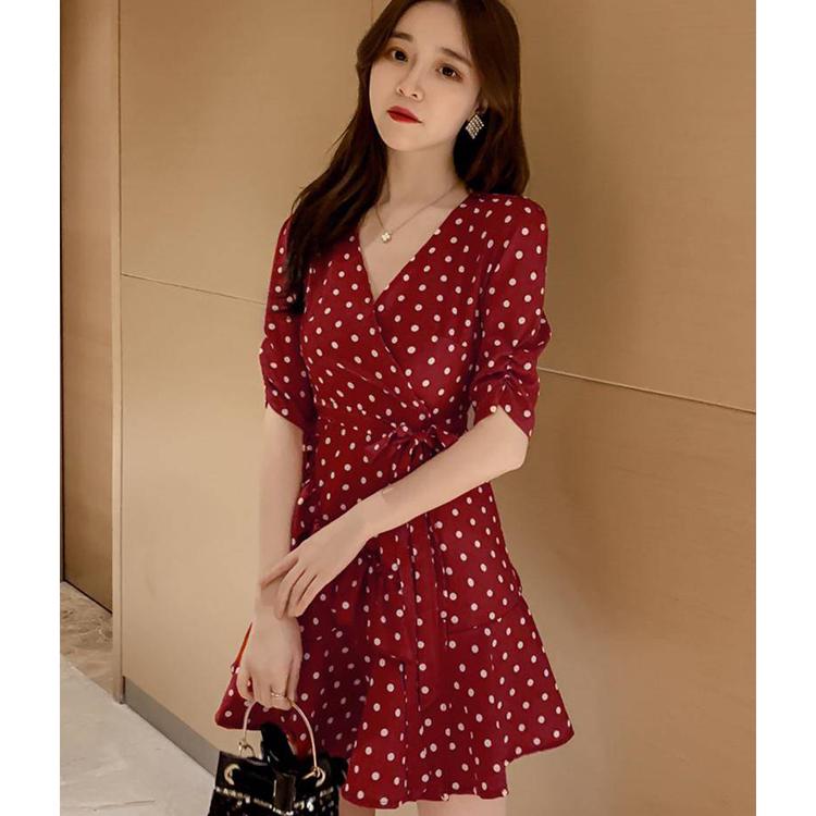 Ruffle Trim Sashes Women Summer Dress 3/4 Sleeves Dot Print Casual Dress Sweet A Line Mini Dresses