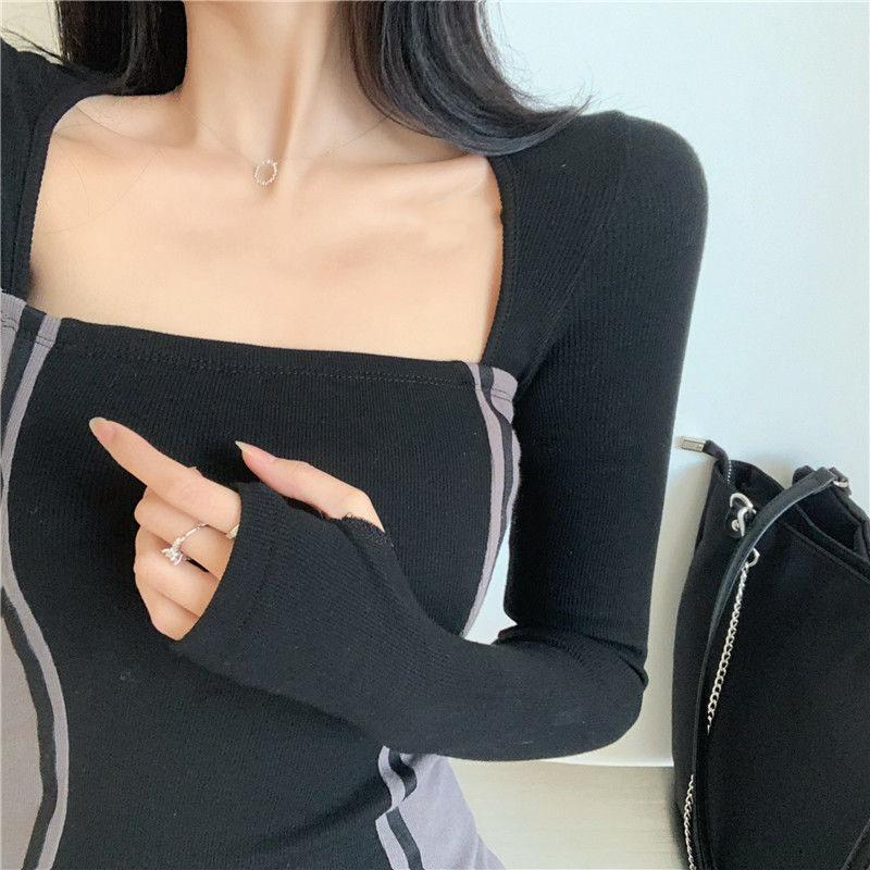 Spring Long-sleeved Dress Contrast Color Stitching Square Neck Dress Is Thinner Buttocks Skirt with Bottoming Skirt Female