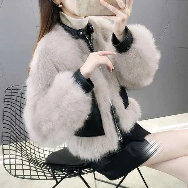 Women's Short Coat Stitching Fur with One Zipper Is Thin and Petite The Same Korean Version of Imitation Mink Fur Coat