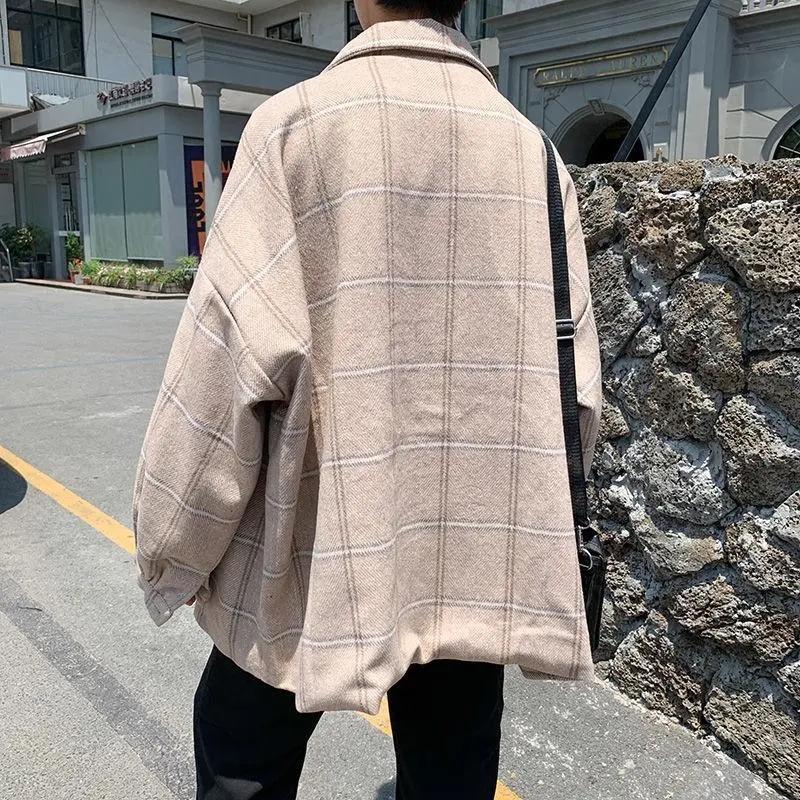 Spring and Autumn Woolen Plaid Jacket Men's Trend Ins Windbreaker Jacket Hong Kong Style Loose Retro Coat