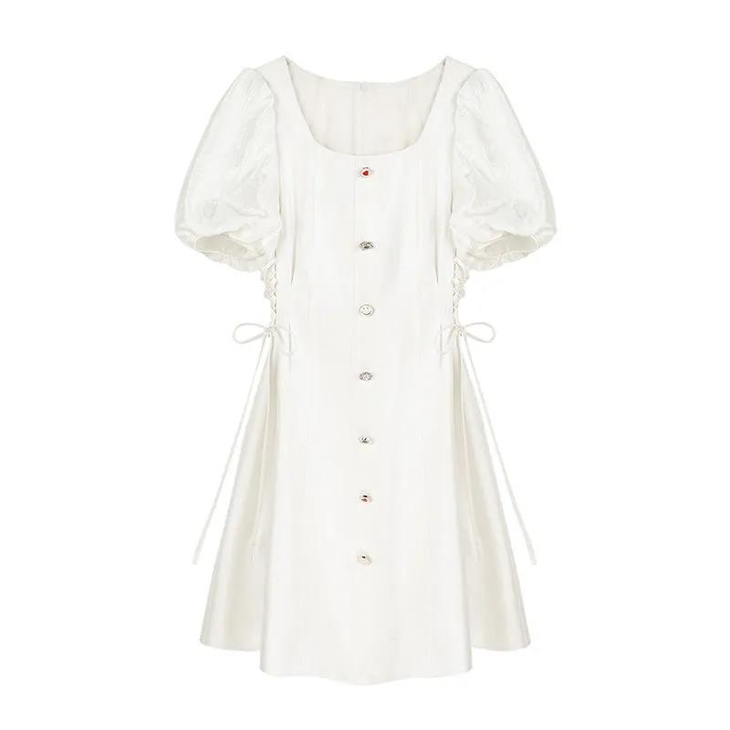 White Dress Women's Summer Dress with Square Neckline Waist and Thin Temperament French Bellflower Dress