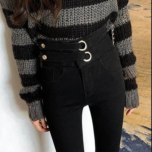 Autumn and Winter Plus Velvet Thick High Waist Jeans Female Wild Body Slimming Stretch Foot Hips Nine Pants