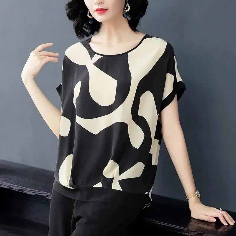 Imitation Silk Stitching T-shirt Women Spring and Summer New Short-sleeved Loose Round Neck Printed Top Blouse