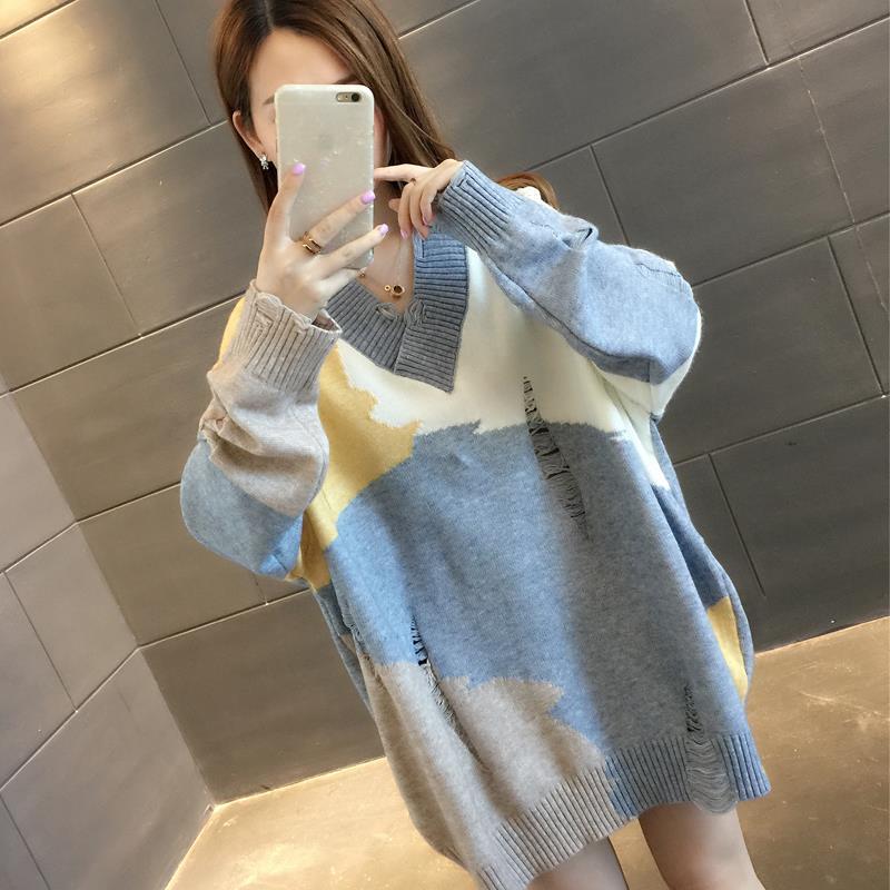 Early Autumn V-neck Off-the-shoulder Blouse Color Matching Outer Wear Bottoming Shirt Women