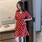 Women's Summer Korean Elegant Medium Length V-neck Wave Point Ruffle Waist Retro Slim Dress