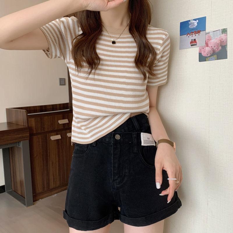 Thin Striped Ice Silk T-Shirt Women Summer Slim Short Knitted High Waist Top Short Sleeve