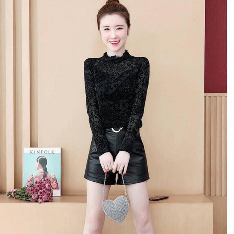 Pofulove Plus Women's Long Sleeve Mesh In Winter Fashion Velvet Half Turtleneck Bottoming Shirt