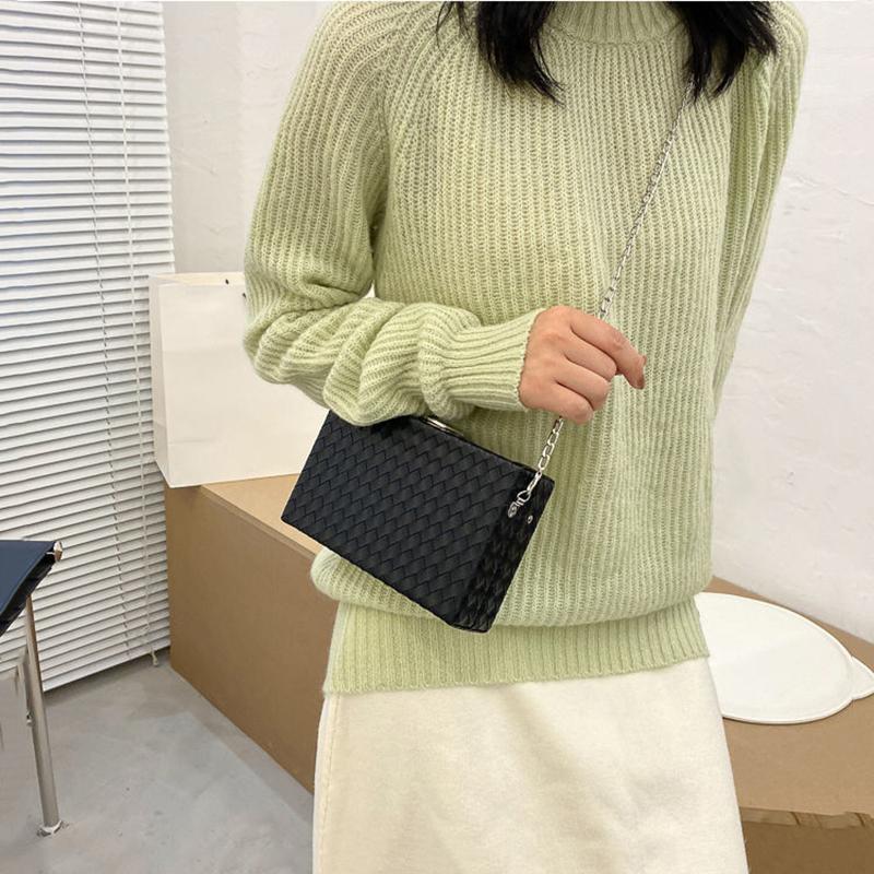 Women Box Bag Print Casual Clutch Purse Shoulder Crossbody Bags Weave Pattern Metal Chain Pu Leather