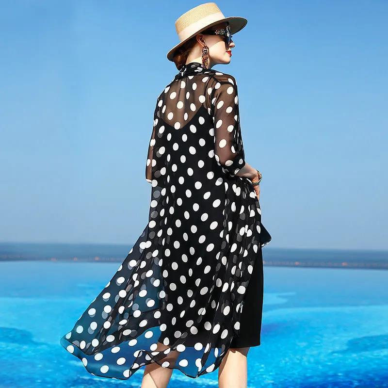 Polka Dot Chiffon Cardigan Mid-length Sun Protection Clothing Women's Loose Thin Large Size Shawl Jacket Air Conditioning Beach