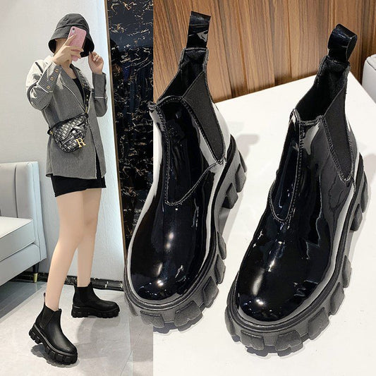 Women Chelsea Boots Elastic Top Ankle Boots Ladies Slip-on Leather Martin Boots Plush Velvet Round Toe Platform Short Winter Boots  Plus Size 35-43