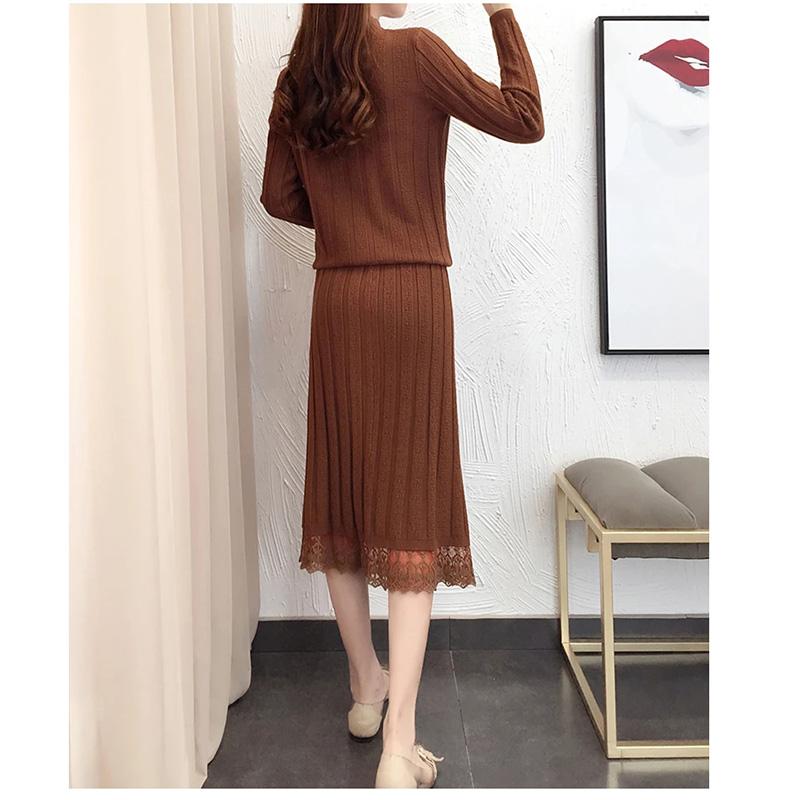 Women's 2 Pieces Winter Dress Set Korean Style Solid Knitted Sweater Mid-high Collar Slim Fit Top Sweater Mid-length Dress Knitwear Lace Edge
