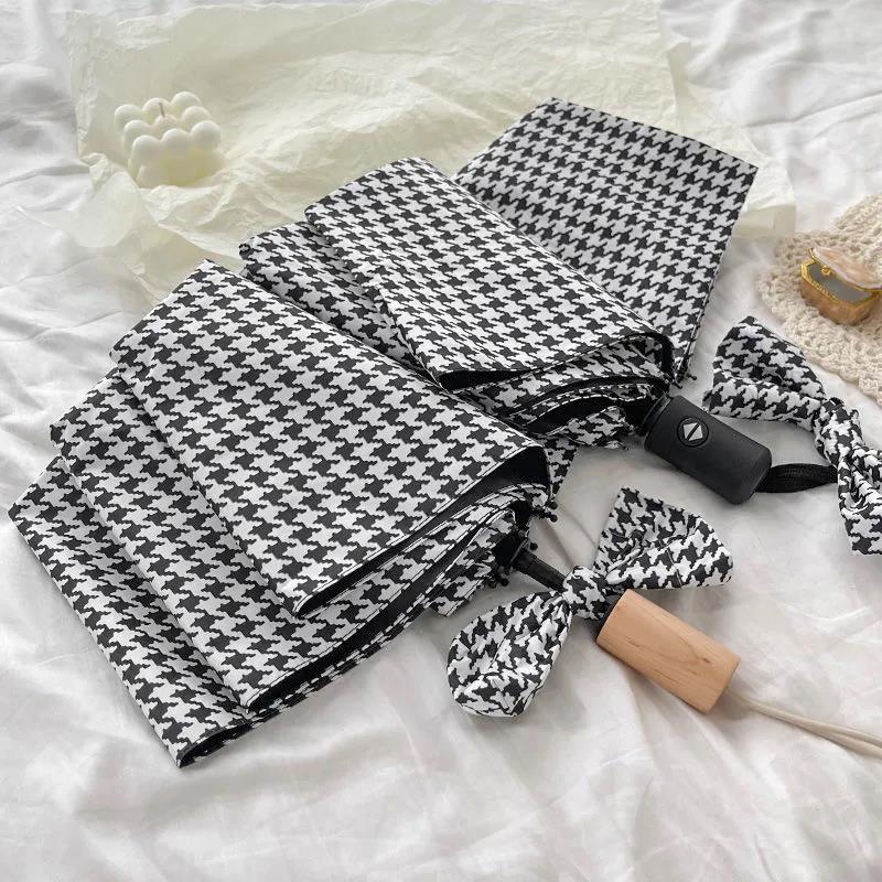 Houndstooth Umbrella Female Ins Sen Department Simple Rain and Rain Dual-use Student Folding Automatic Strong