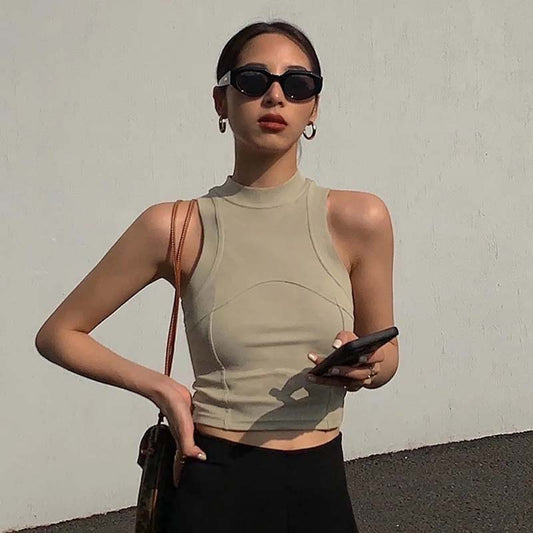 Y2k American Vest Suspenders Women's Sleeveless Slim Fit Crop Top Sexy Slight Stand Collar Shorts Top Steetwear Outerwear Bottoming Shirt Solid Color