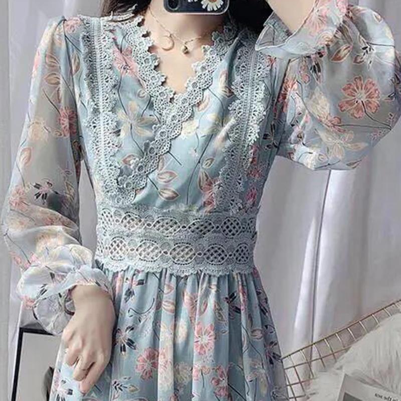 Spring and Autumn Women's Long-sleeved Lace Edge Floral Chiffon Dress Waist Slim Temperament Long Skirt French Retro Long Skirt