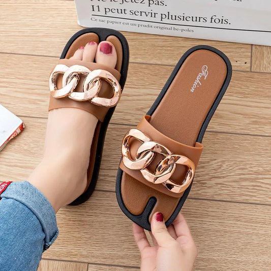 Slippers Women Summer Outing Fashion Gold Chain Sandals and Slippers Outer Wear Western Style Thick Soles