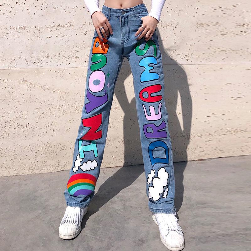 European and American Street Color Printing Straight Jeans Women's High Waist Slim Fit and Thin Personality Casual All-match Casual Pants Women