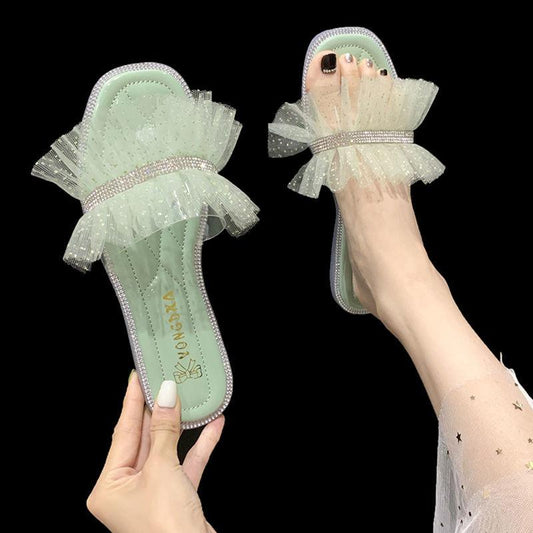 Mesh Bright Diamond Small Fragrant Style Slippers for Women's Outer Wear, Fashionable and Versatile Flat-bottomed Hong Kong Style Sandals