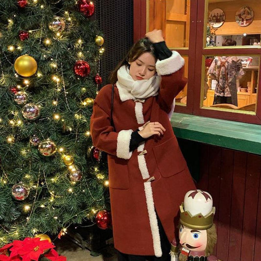 Autumn and Winter Woolen Coat with Horns Buckle Lamb Wool Thick Woolen Coat Women's Mid-length Lapel Woolen Coat