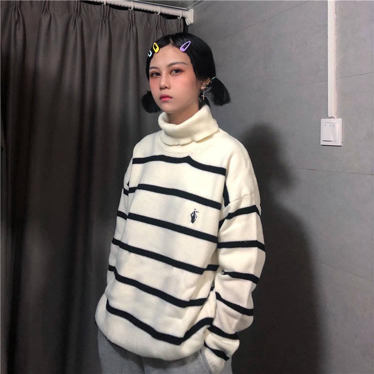 Pofulove Striped Embroidered Turtleneck Women's ulzzang Students Loose Contrast Color Sweater Coat