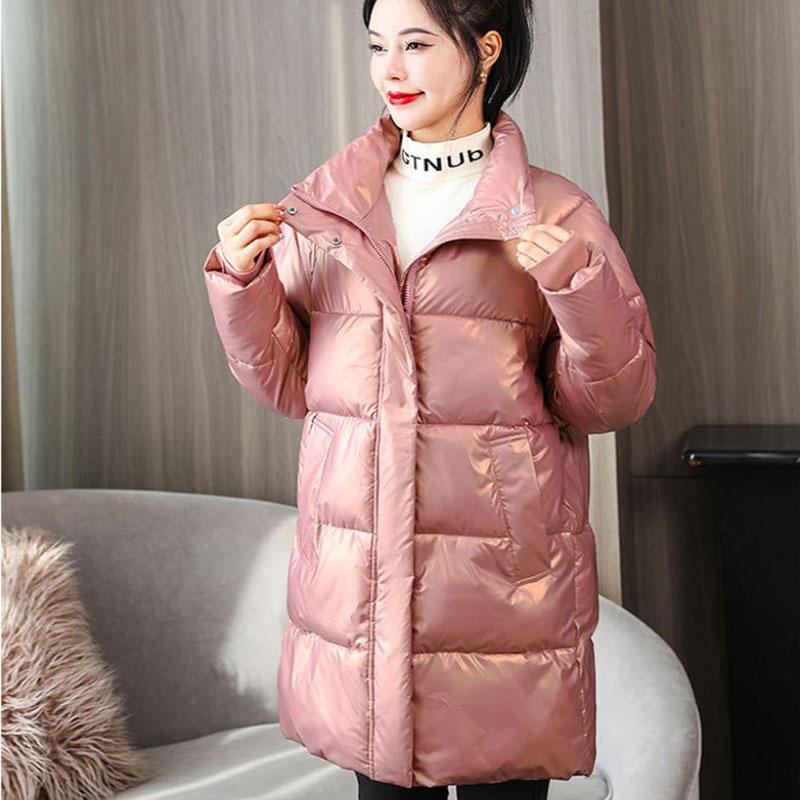 Down Cotton Jacket Winter Thicken Warm Loose Fashion Color Glossy Disposable Stand Collar Mid-length Cotton Jacket Women