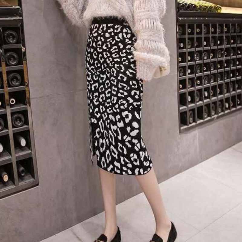 Autumn and Winter Half-length Skirt Leopard-print Knitted Half-length Long Skirt Women Loose Ins Fashion Skirt One-step Skirt Sweater Bag Hip Skirt