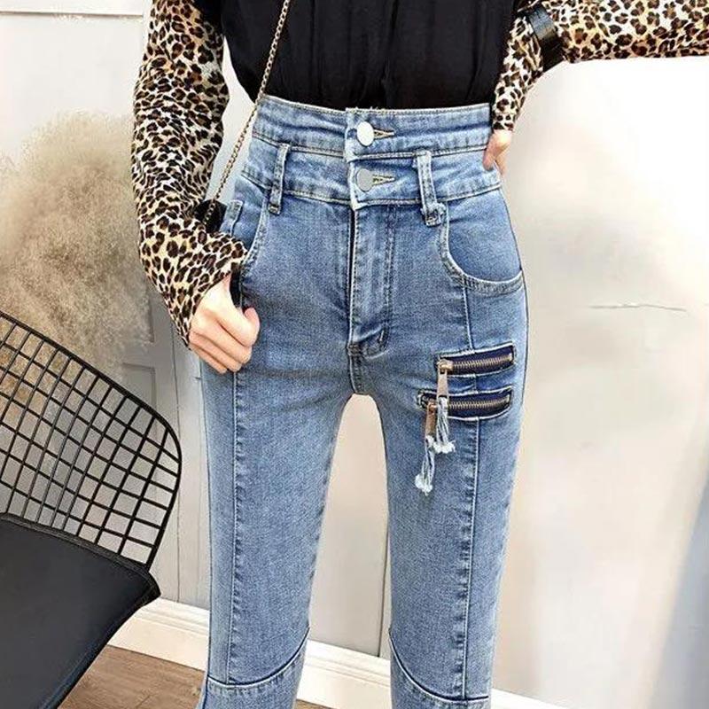 High-waisted Jeans Girls Spring and Autumn Thin Skinny Feet Pants Stretch All-match Pencil Nine-point Pants