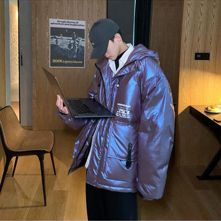 Shiny Cotton Jacket Men's Hooded Hong Kong Style Jacket Korean Version of The Trend of All-match Warm Jacket Winter Loose Casual Padded Jacket