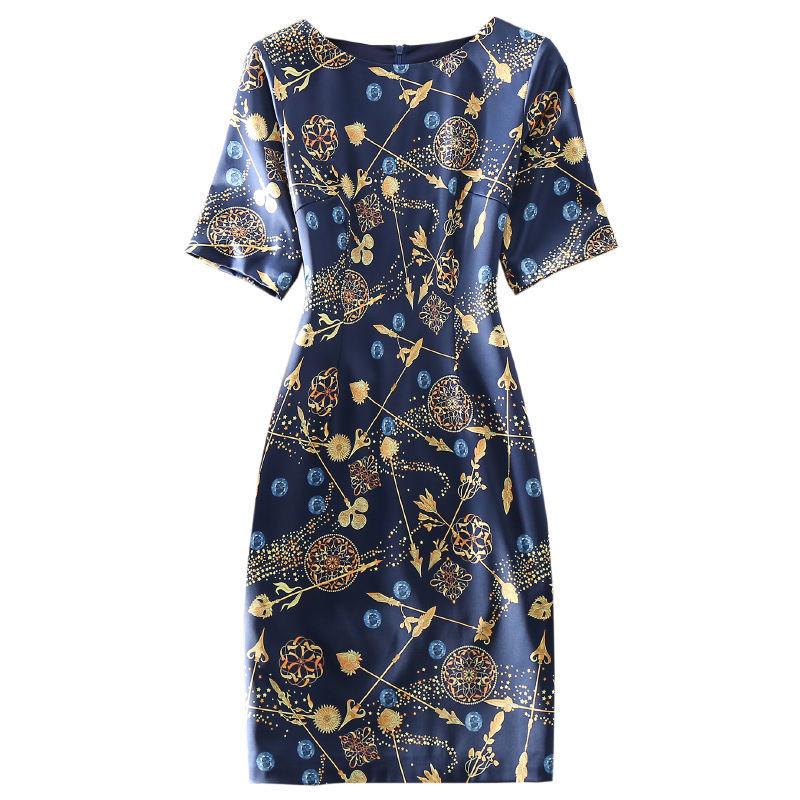 Summer New Dress Mid-length Large Size High-end Temperament Printed Short-sleeved Dress Slim Slim