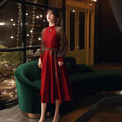 Evening Dress Host Popular Banquet Skirt Dress Waist Was Thinner Mid-length Female Spring and Summer