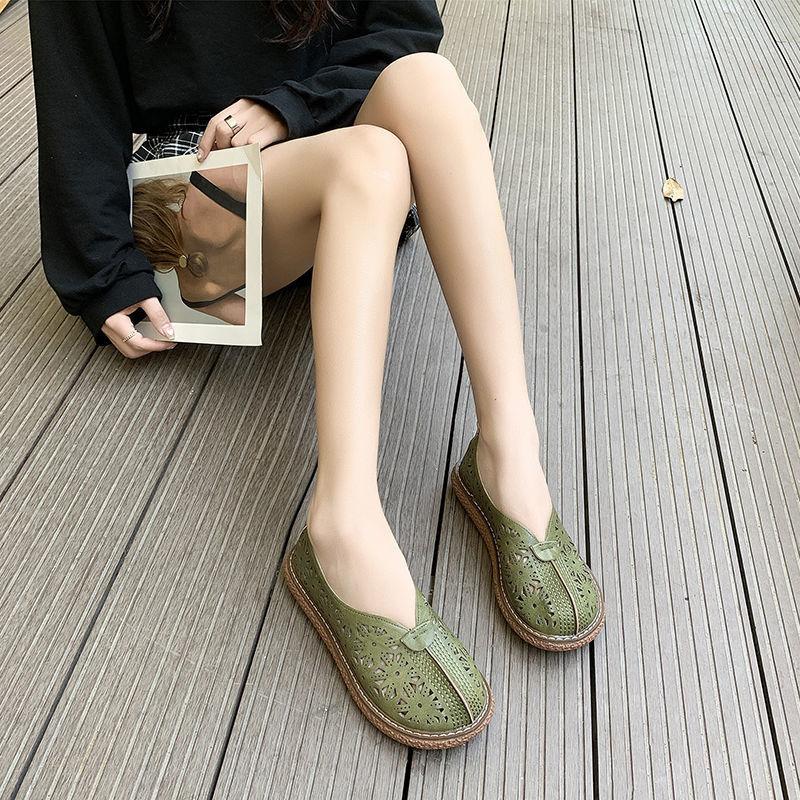 Retro Hollow Round Toe Thick Bottom Big Toe Shoes Cotton and Linen Comfortable Casual All-match Doll Shoes Sandals Women's Moccasin Shoes