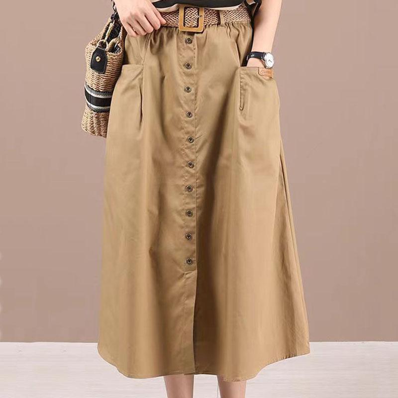 Woman Skirts Washed Cotton Skirt Female Summer High Waist Buttons A-line Skirts All-match Thin Calf-length Sashes Skirt