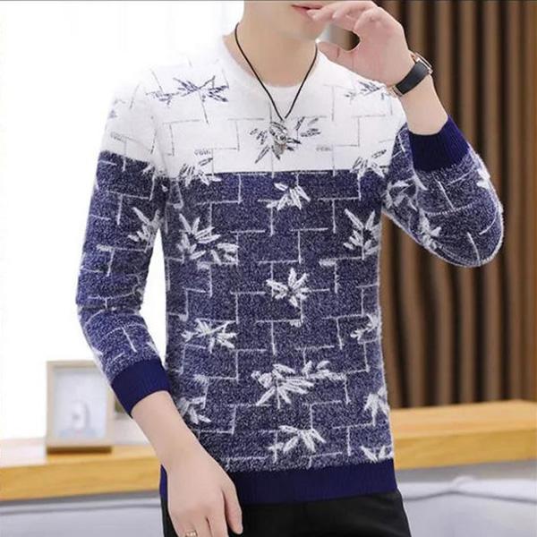 Autumn and Winter Men's Sweater Round Neck Padded Sweater Color-blocking Long-sleeved Jacket