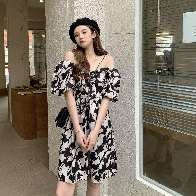Women's Summer Elegant Open Back One Line Shoulder Show Thin Bubble Sleeve Floral Dress