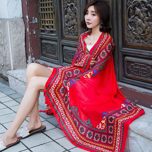 Cotton and Linen Scarf Female Ethnic Style Bohemia Oversized Sunscreen Holiday Beach Silk Scarf Fringed Seaside Shawl Female Summer