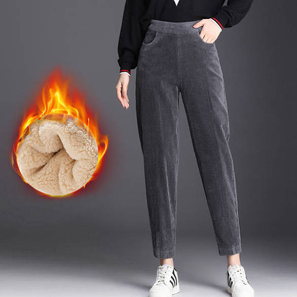 Women Fashion Winter Thicken Plush Corduroy Casual Pants Warm High Waist Trousers