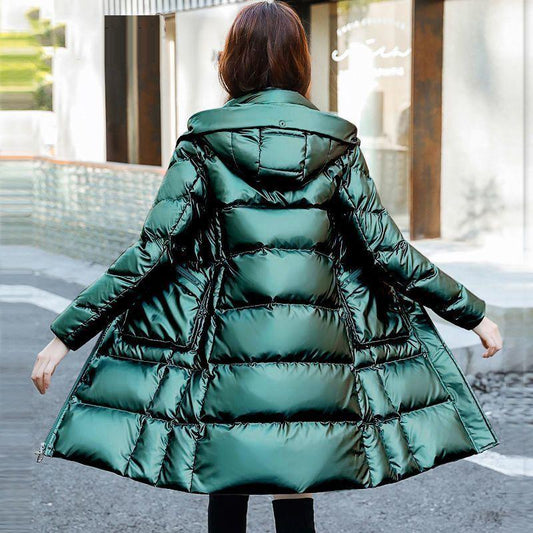 Winter Work Clothes Bright Face Down Padded Jacket Women's Mid-length Fur Collar Cotton-padded Jacket Loose and Thick Warm Jacket