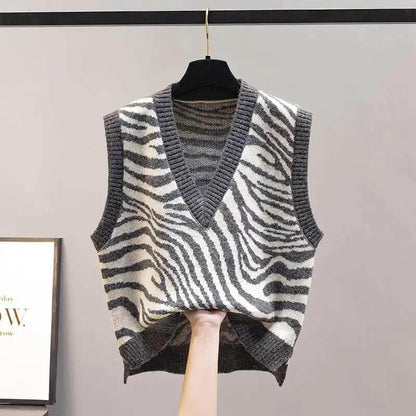 Waistcoat Vest Jacket Spring and Autumn Style Knitted Ladies Sweater Fashion Korean Version of V-neck Loose Zebra Pattern Outer Wear