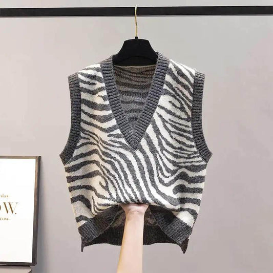 Waistcoat Vest Jacket Spring and Autumn Style Knitted Ladies Sweater Fashion Korean Version of V-neck Loose Zebra Pattern Outer Wear