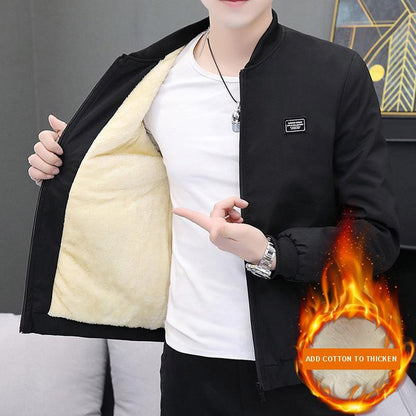 Winter Plus Velvet Thickening Men's Youth Thin Slim Casual Fashion Trend Stand-up Collar Jacket