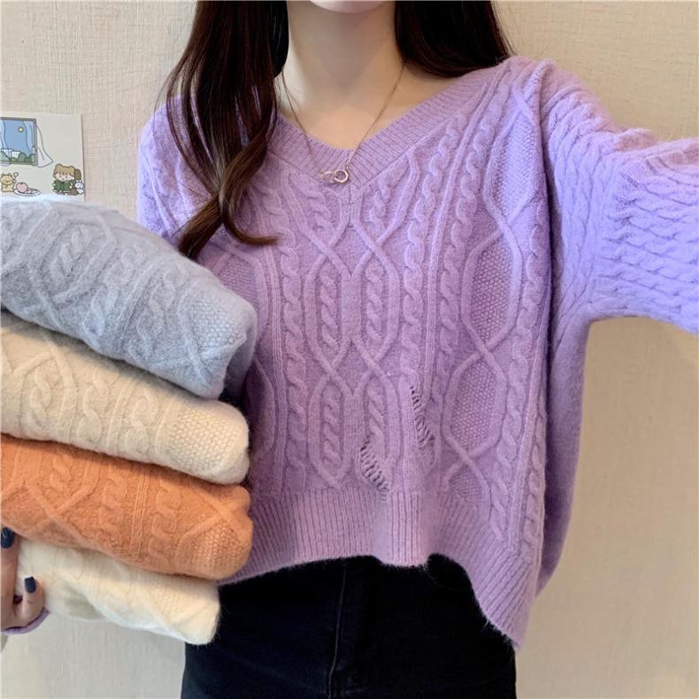 Women's Purple Twist Sweater V-neck Long Sleeve Top Fall and Winter Outer Wear Short Primer Stitch Hole Loose Loose Pullover Lazy Knit Sweater Top