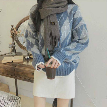 Loose Pullover Sweater Women's Autumn and Winter Retro Diamond Plaid Thick Knitted Sweater