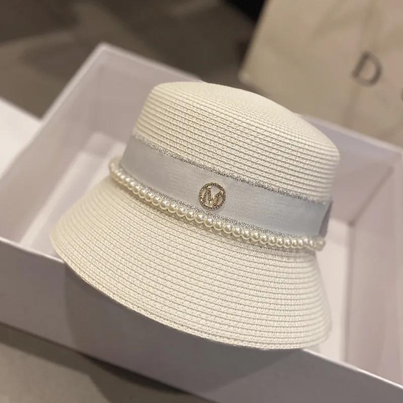 Women's Summer Hat Elegant Pearl Bucket Hat Rhinestone M Mark Retro Basin Hat Shade Straw Hat Luxury Top Hat