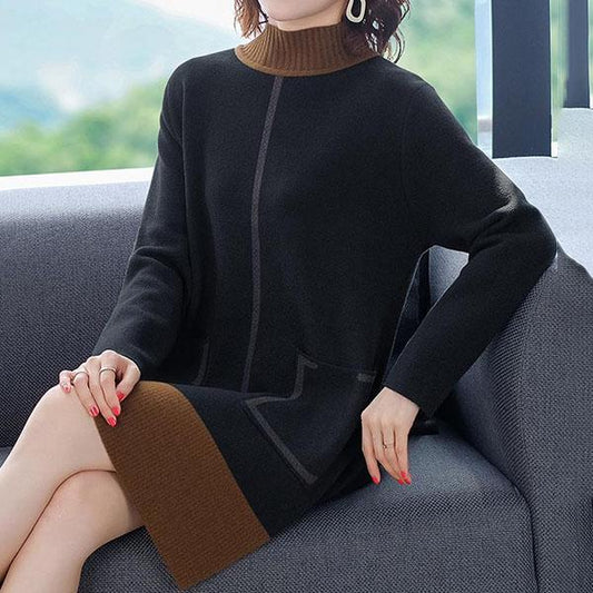 Autumn Winter High Quality Contrast Color Sweater Dress Women Knit Dress Long Loose Pullover Sweater Dress with Pockets for Inner or Outer Wear