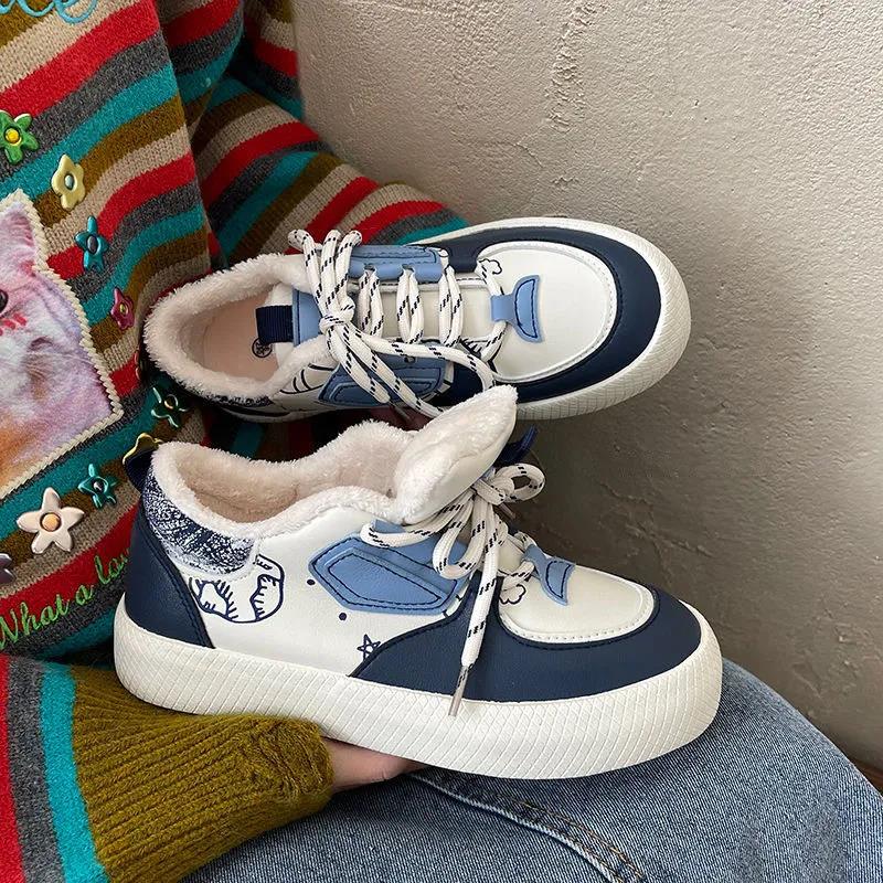 Women's White Shoes with Plush In Autumn and Winter Warm and Comfortable All-match Sneakers